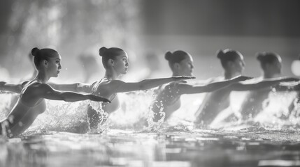 Synchronized swimmers in action, artistic monochrome water performance.
