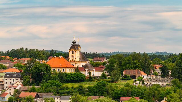 panoramic view of the village of Sepekov and its main landmark, the Church of the Virgin Mary. Sepekov is located a short distance from the town of Milevsko in South Bohemia. 