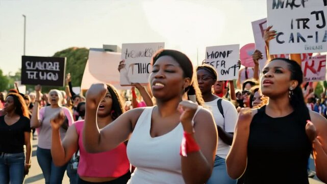 Black women march together in protest. Arms and fists raised in the for activism in the community