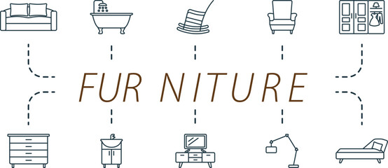 Furniture outline icons set. Creative icons: sofa, bath, rocking chair, armchair, wardrobe, drawer unit, washing stand, tv console, floor lamp, couch.