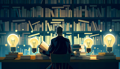 A man reading a book in a library filled with bookshelves, illuminated by lightbulbs, symbolizing study, knowledge, and intellectual pursuit.