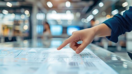 Warehouse engineer office person hand pointing at schematic digital overlay of modern big warehouse vizualization on his desk