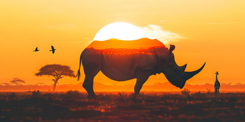 Obraz premium A stunning double exposure image of a rhino at sunset with vibrant colors, birds flying, and an African savannah landscape.