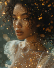 Portrait of African-American black woman over golden background. Fashionable African-American model on shiny background. Fantasy star girl in a glamorous glowing dress. bokeh, shine. girl in the water