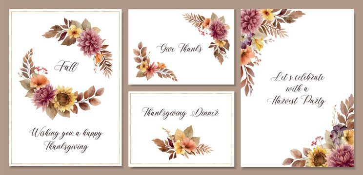 Watercolor vector set of templates with autumn foliage and flowers. Good for wedding invitation, thanksgiving, birthday, postcard, cover, flyer, poster and more.