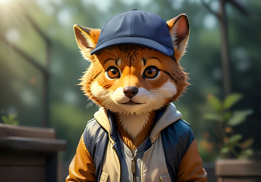 Portrait eines kleinen, jungen Fuchs mit Basecape und Kapuzenjacke, Close-Up