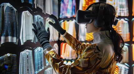 Immersive Fashion Virtual Reality User Explores Textures with VR Headset and Gloves