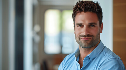 Naklejka premium Confident Man in Blue Shirt with Friendly Smile