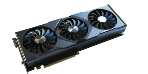 A graphics card with three cooling fans, black casing, and metallic accents. The GPU is shown in a high-resolution, detailed view.