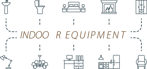 Indoor equipment outline icons set. Creative icons: washbasin, toilet bowl, bedroom, fireplace, cupboard, table lamp, chandelier, office table, kitchen, armchair.