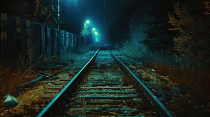 Train tracks disappearing into the night