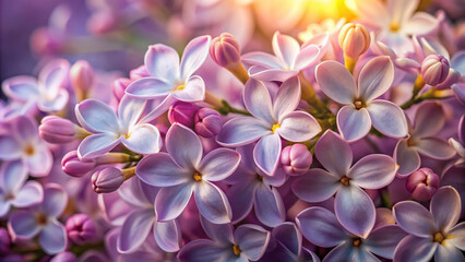 Delicate, fragrant lilac blooms with soft, pastel petals and golden centers pose against a rich, velvety purple background, filling the frame with serene beauty.