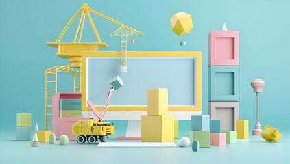 Fototapeta premium Colorful 3D illustration of a construction scene with toys and geometric shapes in pastel colors on a blue background.