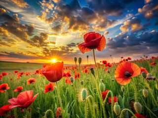 Fototapeta premium Vibrant red poppy flowers sway gently in a lush green field, set against a warm sunset background with soft, golden light and feathery clouds.