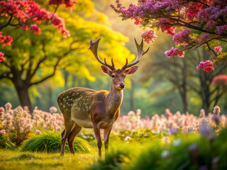 Fototapeta premium Serene deer grazes on lush green foliage, surrounded by vibrant blooms, in a tranquil and idyllic spring landscape, radiating peacefulness and natural beauty.