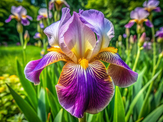 Delicate petals of a vibrant purple Iris unfurl, revealing a burst of yellow and white, set against a lush greenery backdrop in a serene garden scene.