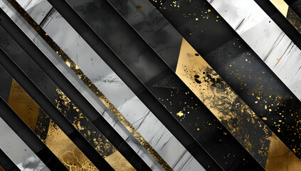 Elegant abstract background with diagonal black, white, and gold textured stripes creating a luxurious and modern design.