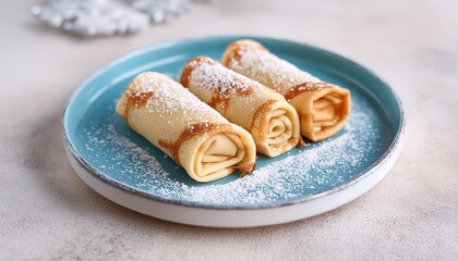 Rolled pancakes powdered with sugar on blue ceramic dish. Tasty food. Delicious breakfast.