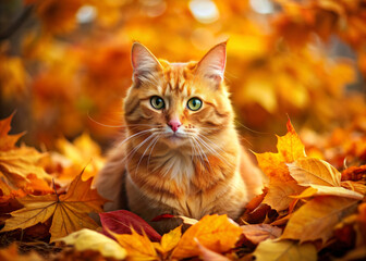 Vibrant orange felidae with whiskers stands amidst a warm, golden pile of fawn leaves, its fur blending seamlessly with the autumnal hues in the artwork.