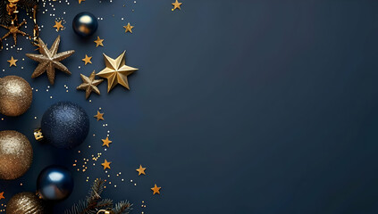Fototapeta premium Elegant Christmas background with gold and blue ornaments and stars on a dark backdrop, perfect for festive and holiday designs.