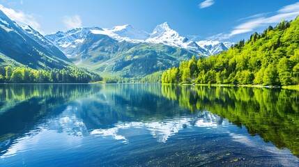 Nature-Themed Background: Pristine Alpine Lake Reflecting Snow-Capped Mountains and Evergreen Forests
