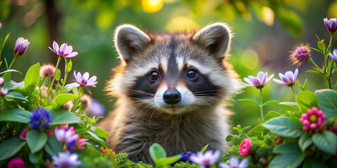 Adorable raccoon peers out from behind blooming flowers and lush greenery in a vibrant forest, its curious gaze and twitching nose exuding charm and innocence.