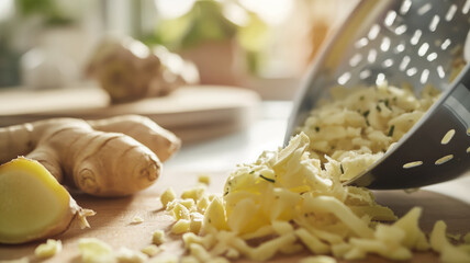 Freshly grated ginger spilling from grater onto wooden cutting board with whole ginger root in background. Sunlight highlighting aromatic and flavorful qualities of ginger in cozy kitchen setting