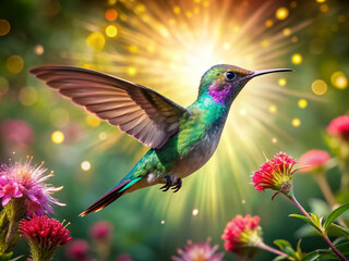 Obraz premium Vibrant hummingbird in mid-air, iridescent feathers glistening, hovers near blossoming flower, surrounded by radiant light, bokeh background, and lush greenery, showcasing nature's splendor.