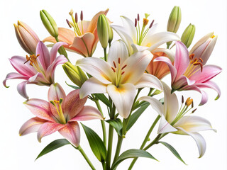 Beautiful assortment of elegant lilies in various stages of bloom, with unopened buds, delicate petals, and slender stems, isolated on a pristine white background.