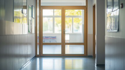 Empty school hallway with a glass door at the end, leading to a brightly lit room with large windows. Peaceful and orderly academic environment highlighting focus and learning