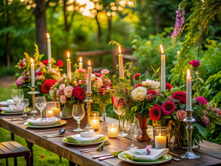 Elegant outdoor table setting with soft candlelight, lush greenery, and vibrant flowers, perfect for a romantic summer garden party or whimsical wedding celebration.