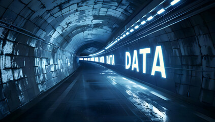 Futuristic tunnel with glowing data sign, representing digital information technology and cyber infrastructure.