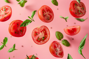 tomato slices with leaves floating in the air 
