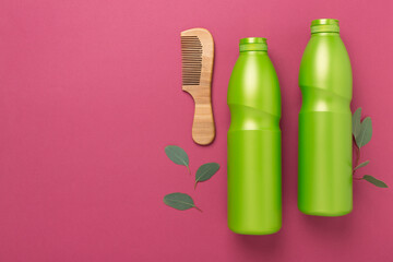Professional herbal hair care on color background, top view