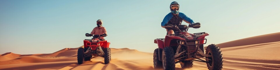 Naklejka premium Adults driving quads in the desert, enjoying an offroad adventure and extreme sports fun.