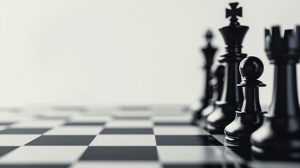Chess pieces arranged on a chessboard with a minimalist, monochromatic background. Scene highlighting strategy, focus, and intellectual challenge in a classic game