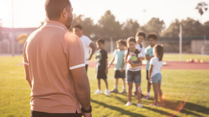 Obraz premium Coach observing a group of children on a sports field, preparing for a game under the sunlight. Scene highlighting teamwork, physical activity, and youth sports