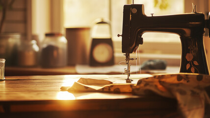 Vintage sewing machine with fabric on a wooden table, bathed in warm sunlight. Scene highlighting the nostalgic and creative atmosphere of sewing and crafting
