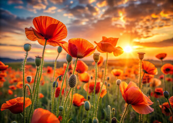 Obraz premium Vibrant orange poppy flowers sway gently in the breeze against a warm sunset backdrop, set amidst a serene and idyllic poppy field landscape.