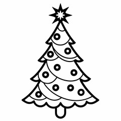 Christmas tree with vintage ornaments decorations, Christmas tree line art vector illustration, coloring book and graphic design element
