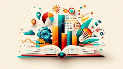 Colorful infographic concept illustrating data analysis, business growth, and knowledge from an open book. Modern and vibrant design.