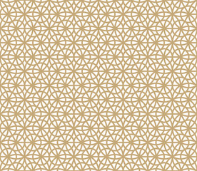 Fototapeta premium Abstract golden vector geometric seamless pattern. Gold and white texture with lines, circles, triangles, floral silhouettes, lattice, grid. Repeated ornamental luxury background in arabian style