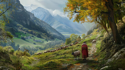 A shepherd in a red cloak guides a flock of sheep through a picturesque mountain valley, with vibrant autumn colors and towering peaks in the background.