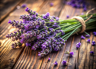 Naklejka premium Softly focused bunch of fresh lavender blooms arranged artfully on a distressed wooden table, evoking warmth and serenity in a cozy home decor setting.
