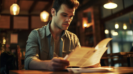A man intently reads a menu in a dimly lit, cozy restaurant filled with warm ambient lighting, capturing a moment of focus and deliberation in a relaxed setting.