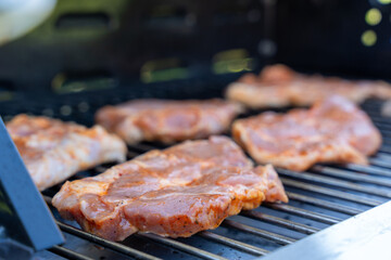 A grill with meat on it. The meat is brown and has a lot of seasoning on it