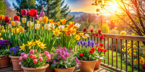 Colorful springtime flowers including tulips, daffodils, and petunias overflow from rustic wooden planters in a charming balcony garden, surrounded by lush greenery and sunlight.