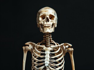 Full human skeleton standing upright, dramatic lighting black background, detailed bone structure, eerie and realistic 