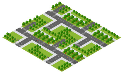 Naklejka premium Isometric city streets passing through green parks and lawns