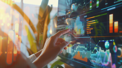 A finger interacting with vibrant digital graphics on a transparent screen, illustrating data analytics in a modern tech environment.